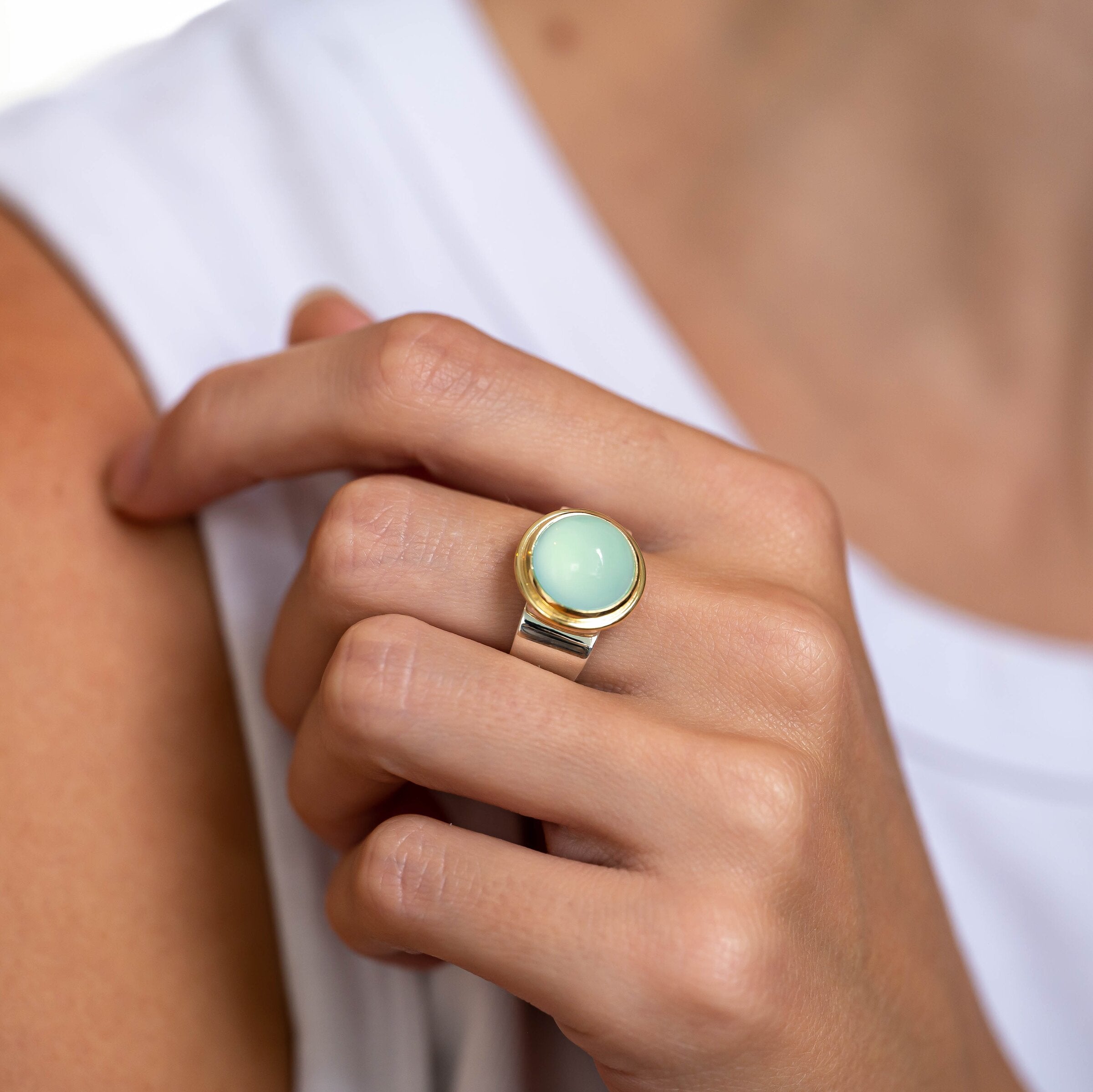Aqua Chalcedony Dome Square Ring Without Guard Rings