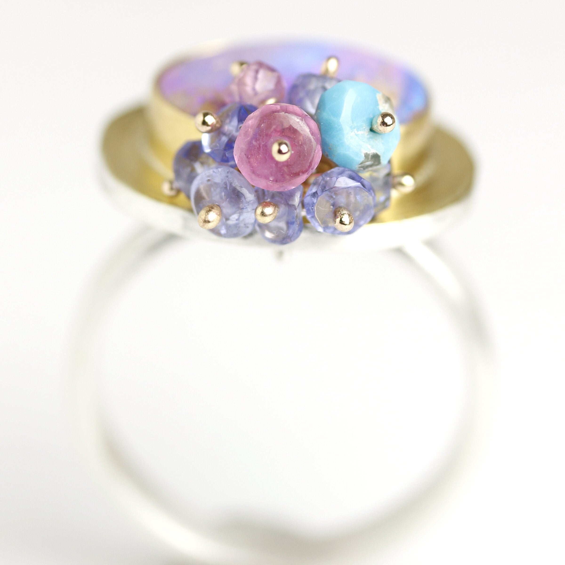 Lilac Crystal Boulder Opal Ring with Multi Cluster