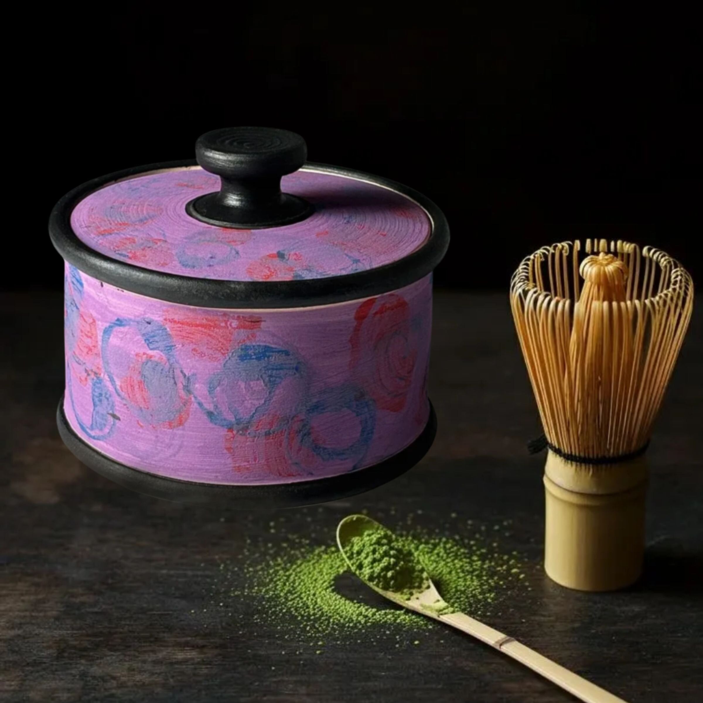 Lidded Jar with Matcha, Whisk, and Spoon
