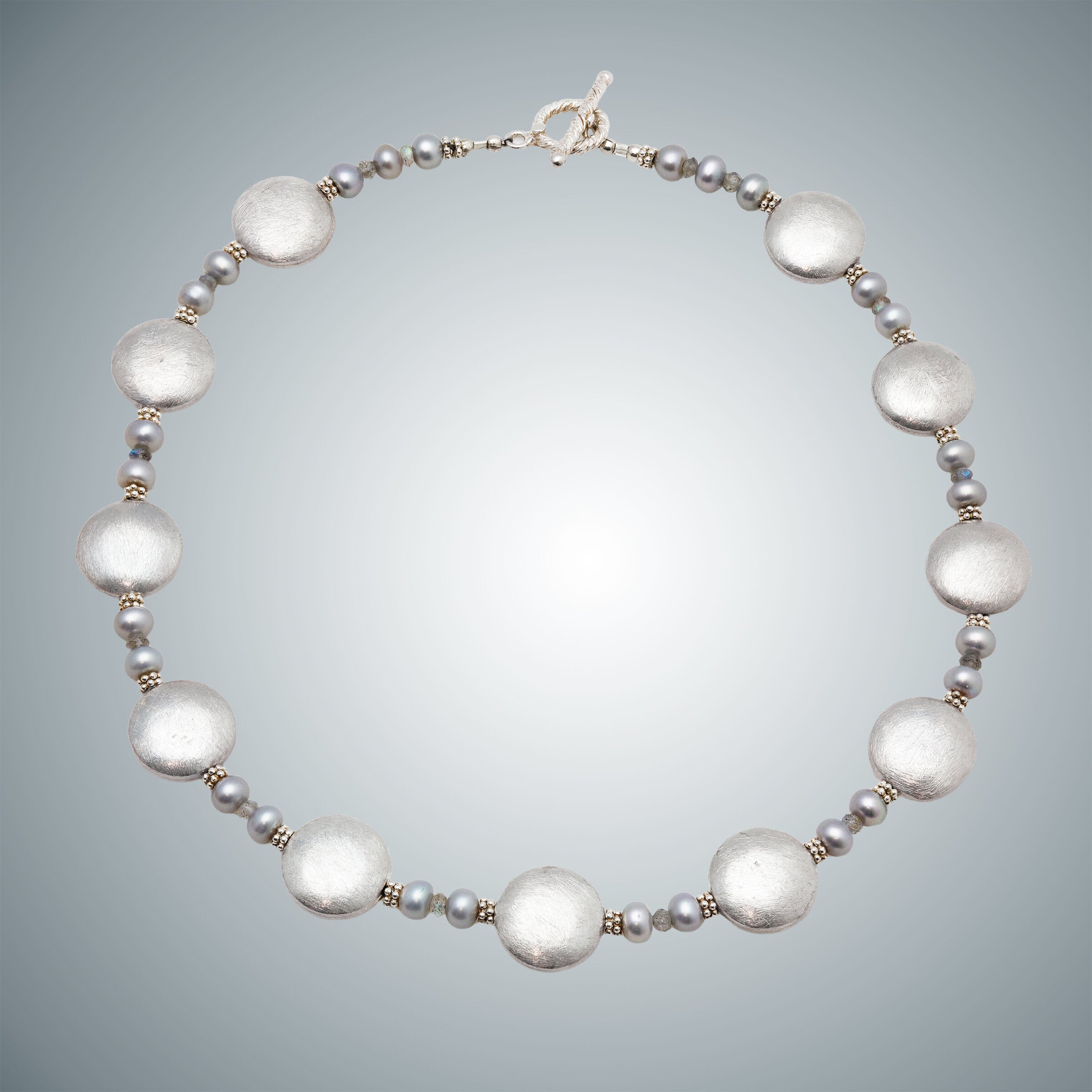 Brushed Silver Discs & Pearl Necklace