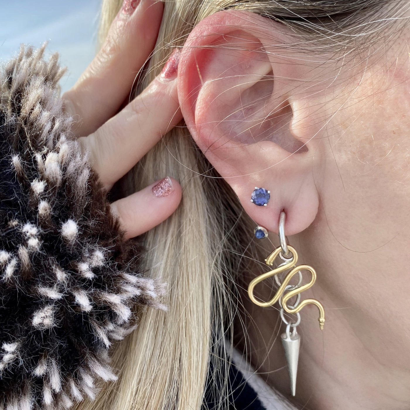 Sterling Silver Sapphire Hoops with 18k Gold Snake Charm and Sterling Silver Spike Charm
