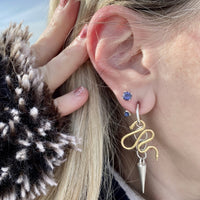 Sterling Silver Sapphire Hoops with 18k Gold Snake Charm and Sterling Silver Spike Charm