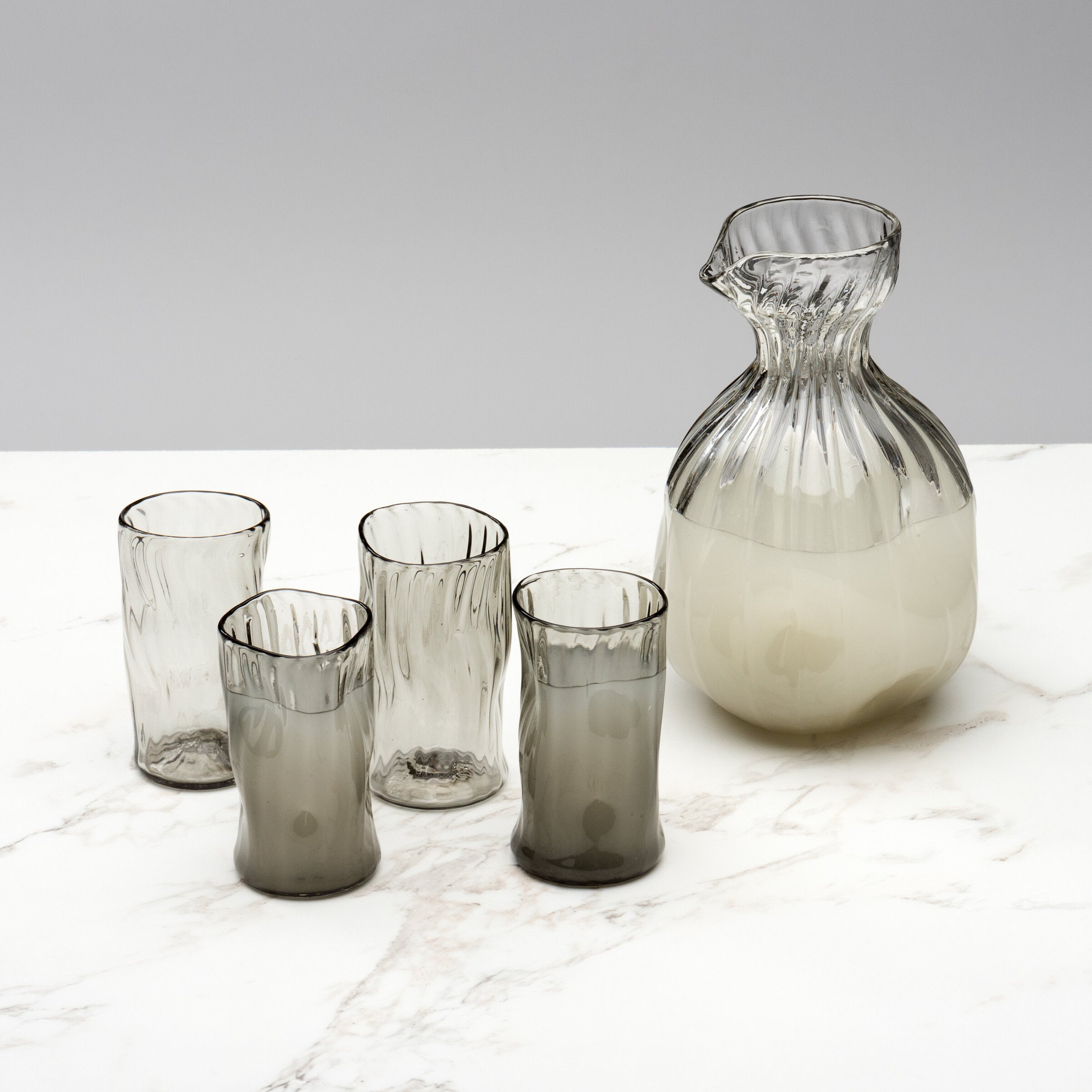Smoke Gray Carafe and Set of Four Cups
