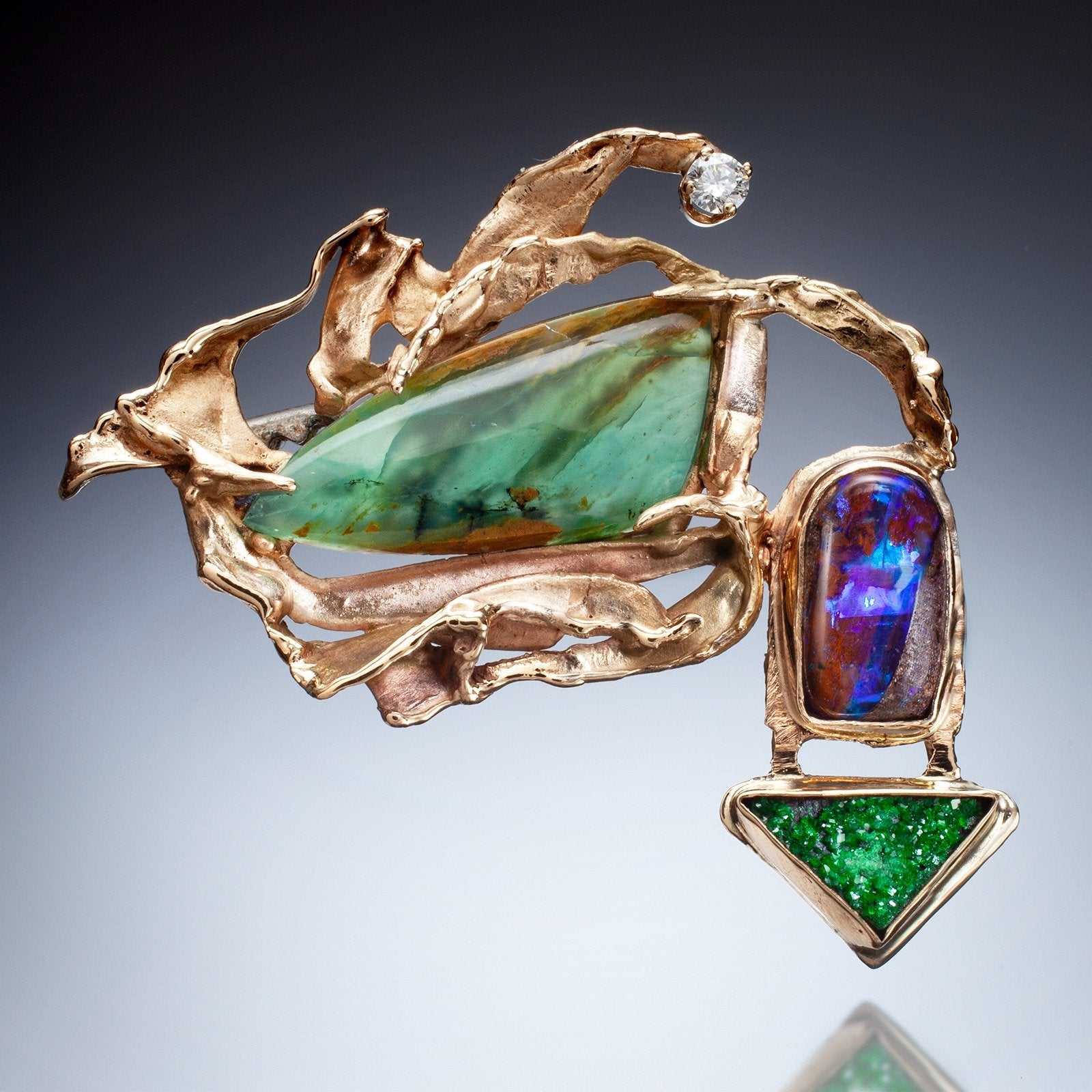 14k Gold Brooch with Boulder Opal, Tsavorite, Diamond and Peruvian Blue Opal