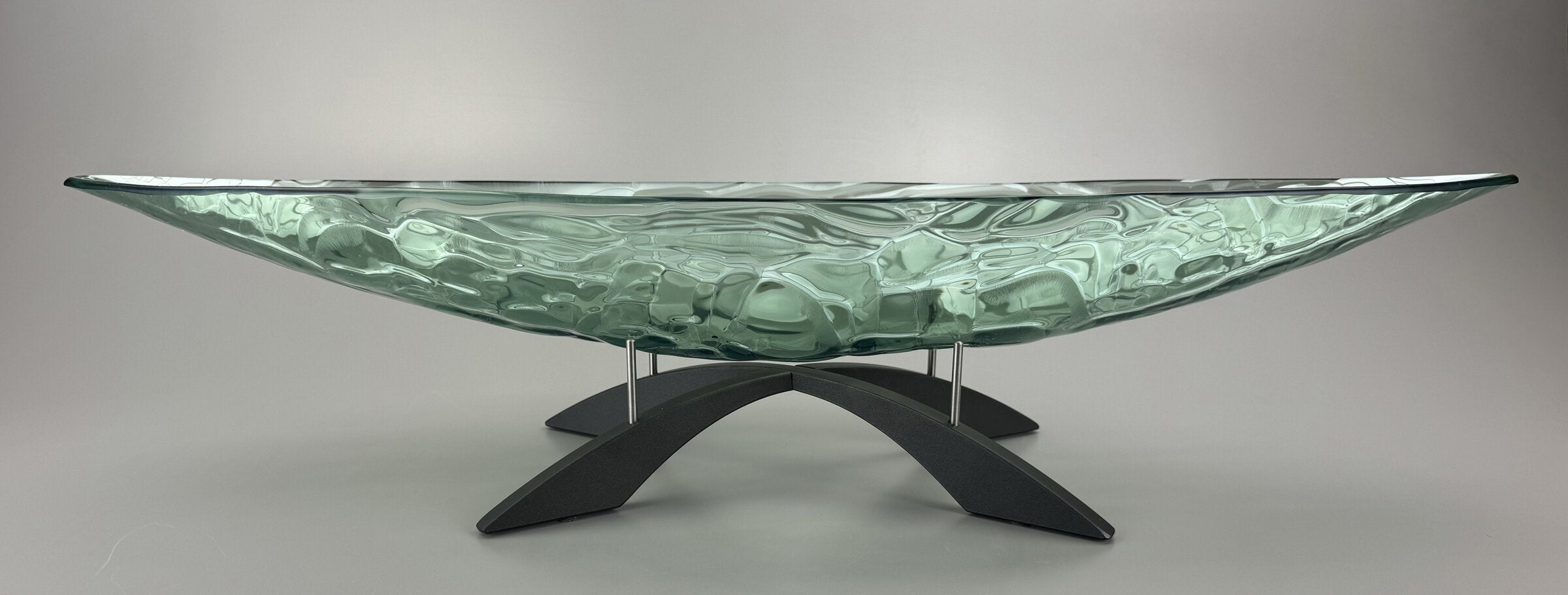 Blue Grass Glass Boat on Intersecting Arch Pedestal