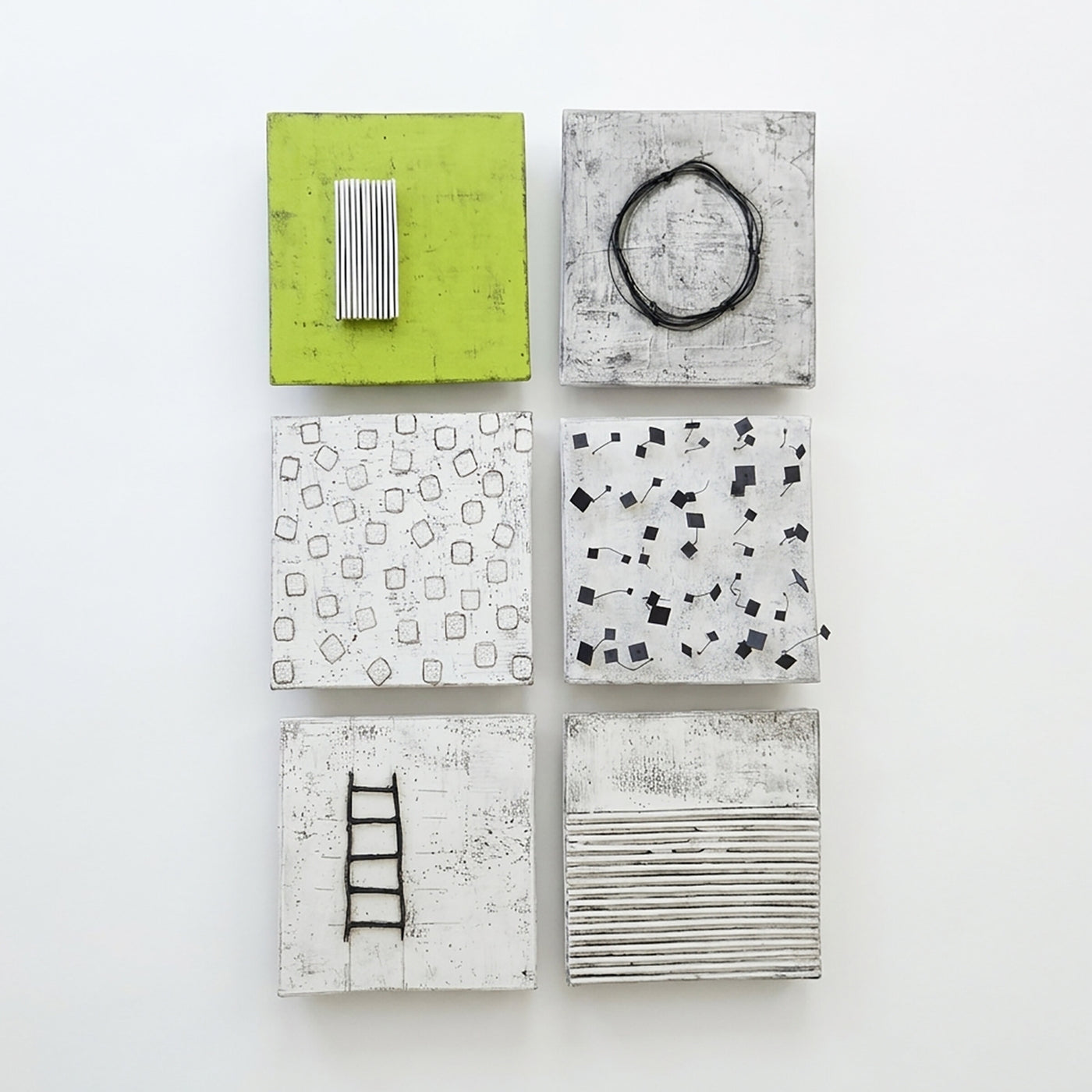 Group of 6: left to right, top to bottom: Green with Lines, Black Circle, Mini Dots, Metal Squares, Ladder, Horizontal Lines