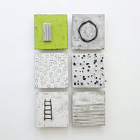 Group of 6: left to right, top to bottom: Green with Lines, Black Circle, Mini Dots, Metal Squares, Ladder, Horizontal Lines