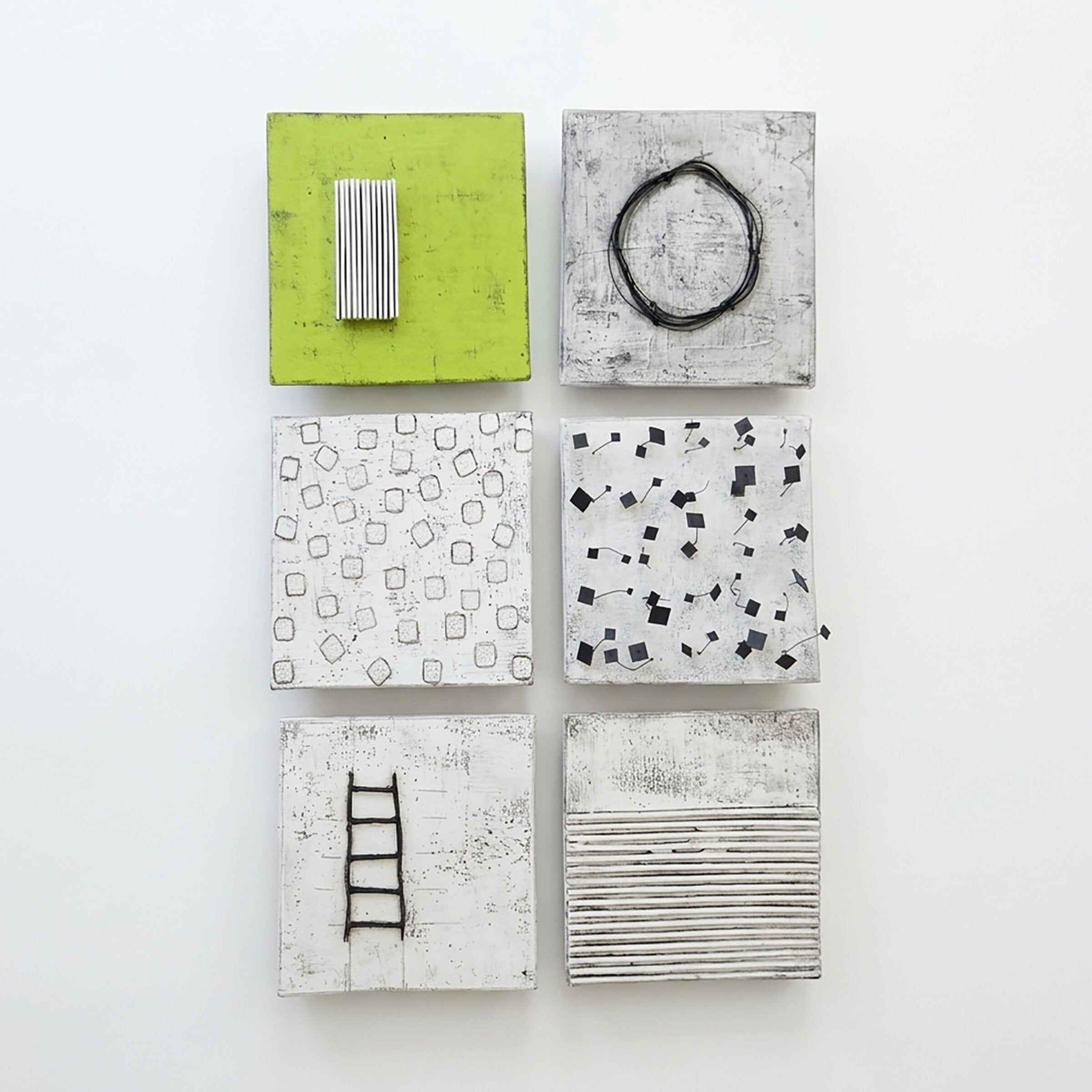 Group of 6: left to right, top to bottom: Green with Lines, Black Circle, Mini Dots, Metal Squares, Ladder, Horizontal Lines