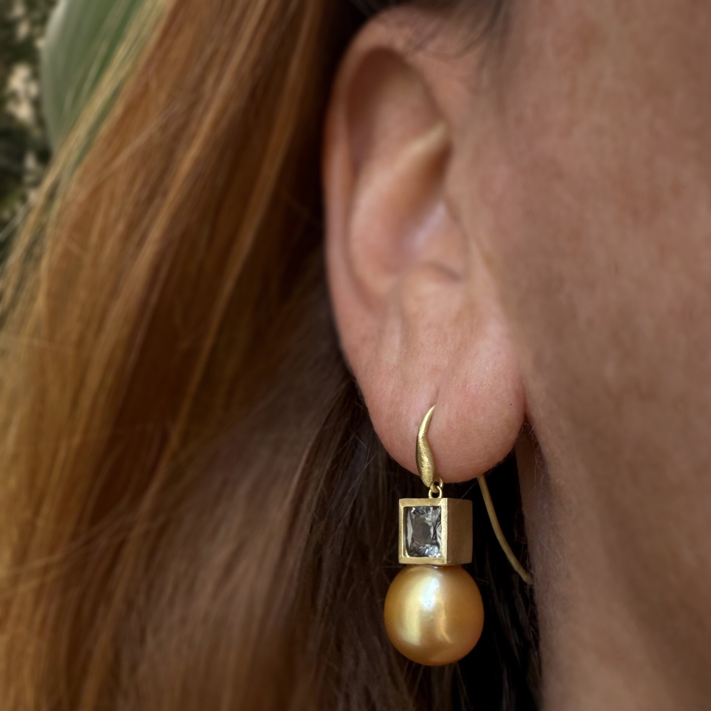 South Sea Golden Pearl with Gray Spinel Earrings