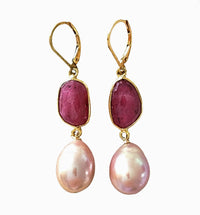 Ruby and Pink Edison Pearl Earrings