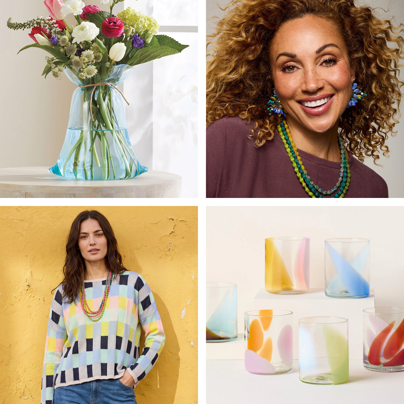 Collage of a vase with flowers, a woman wearing a colorful sweater, a woman with jewelry, and colorful glasses.