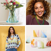 Collage of a vase with flowers, a woman wearing a colorful sweater, a woman with jewelry, and colorful glasses.