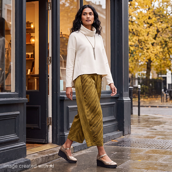 Woman Walking in Cream Top & Green Pants
