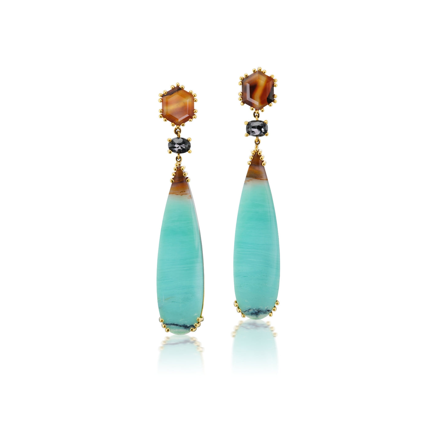 Land & Sky Agate, Black Diamond, & Opalized Wood Earrings