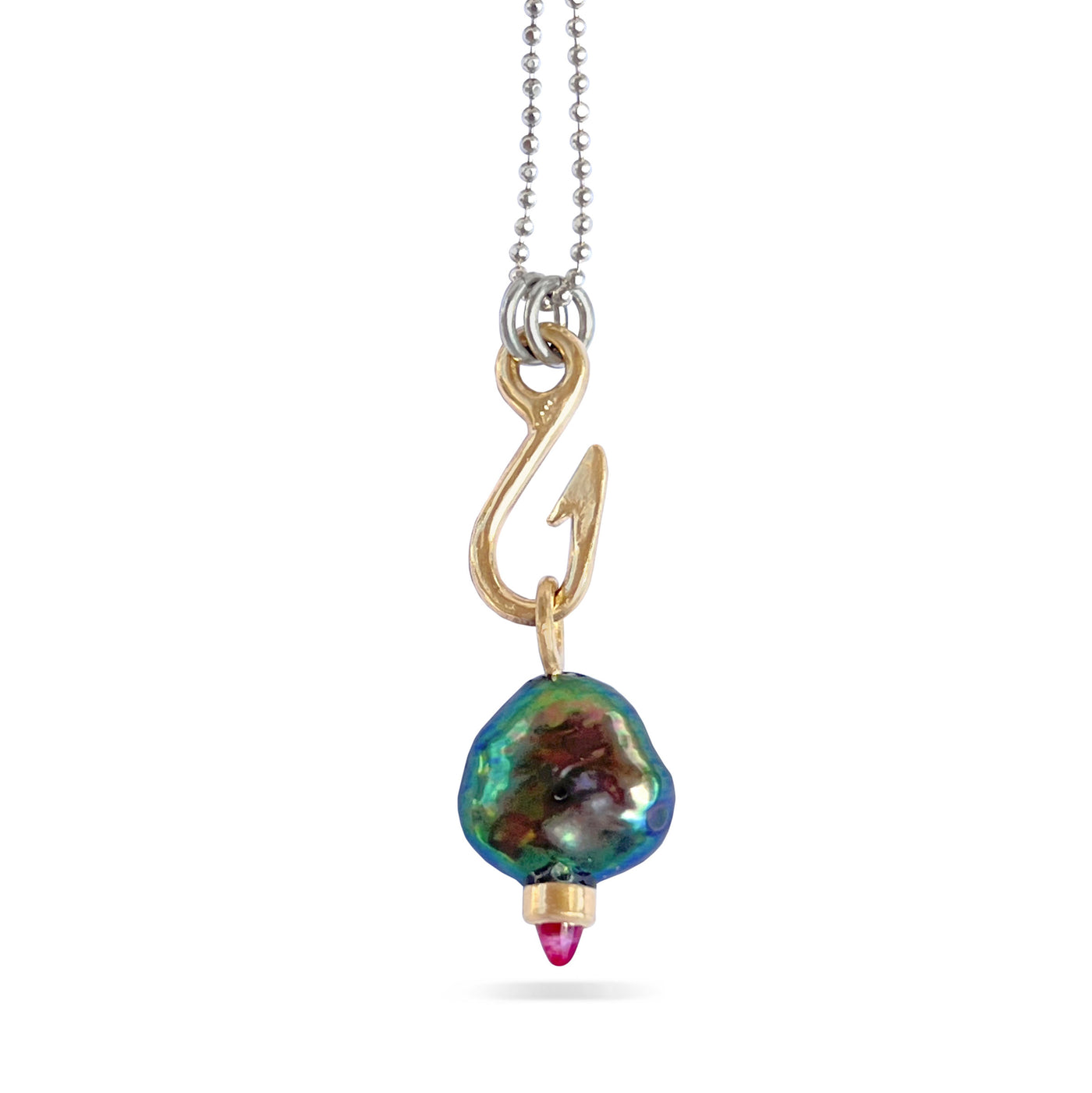 Fish Hook Catches the Peacock Pearl Charm Necklace