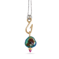 Fish Hook Catches the Peacock Pearl Charm Necklace