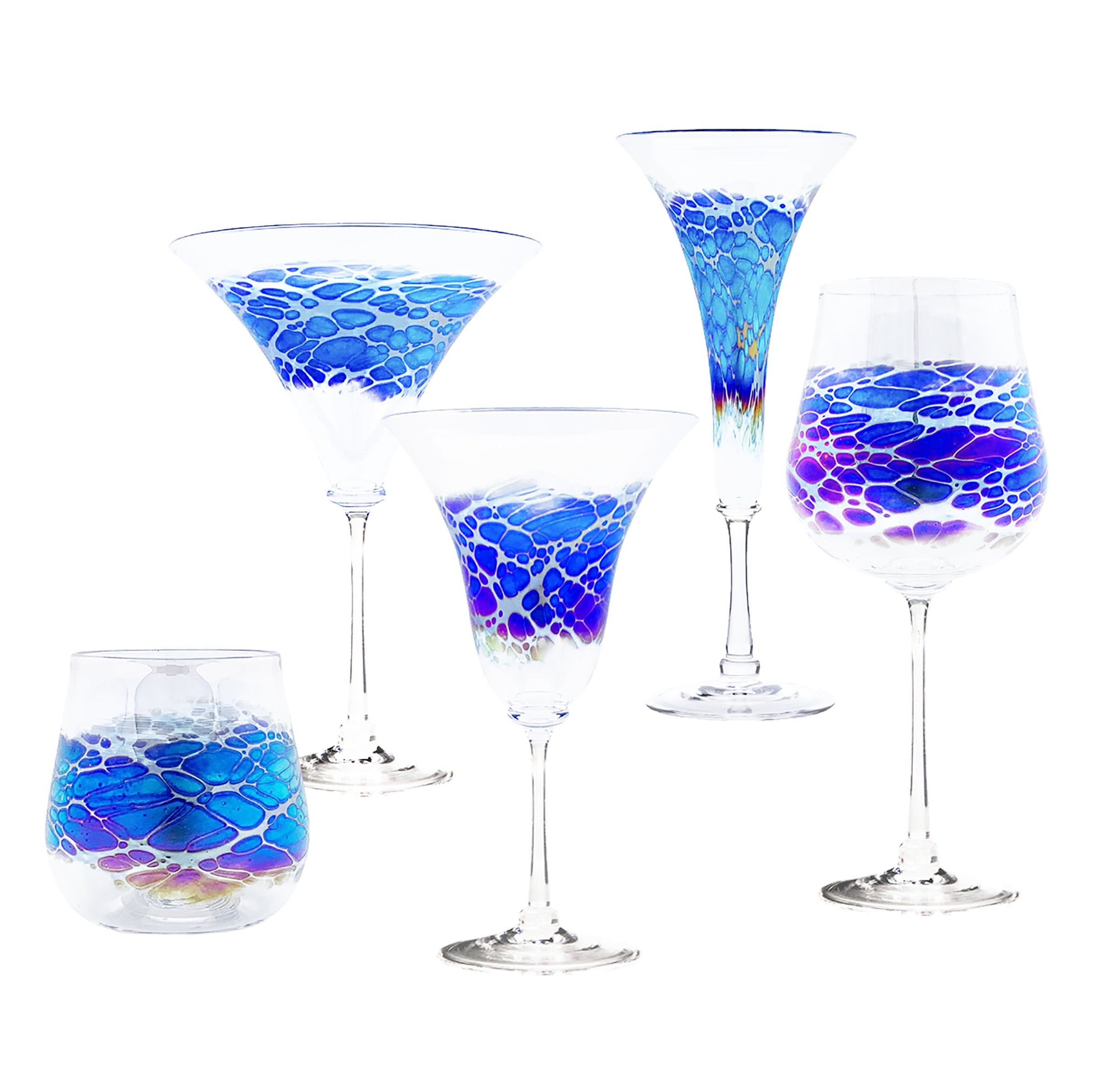 left to right: stemless wine, martini, venetian wine, flute, wine