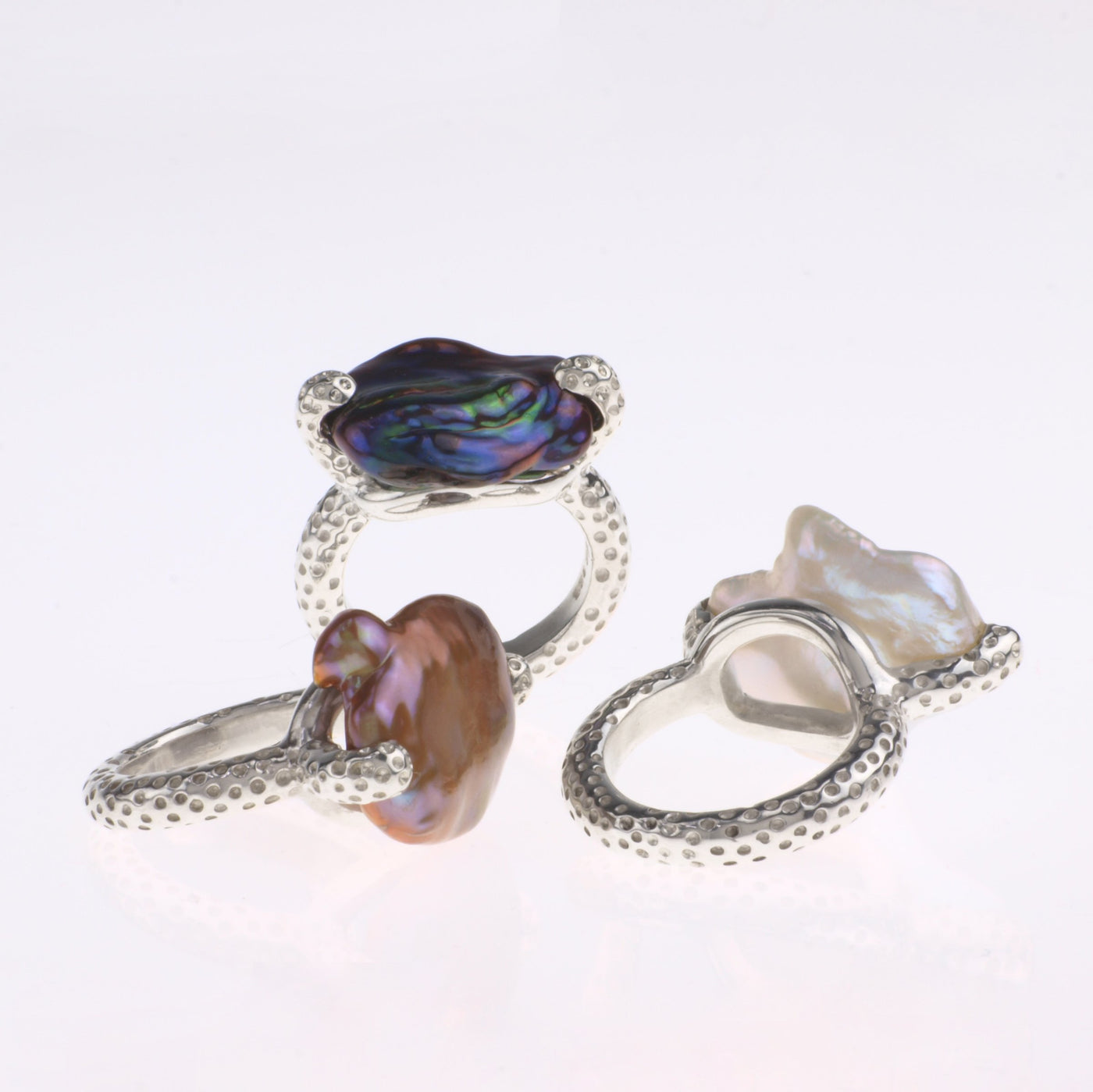Trio of Blanche Freshwater Pearl Rings in Sterling Silver, Bronze, Black, and White