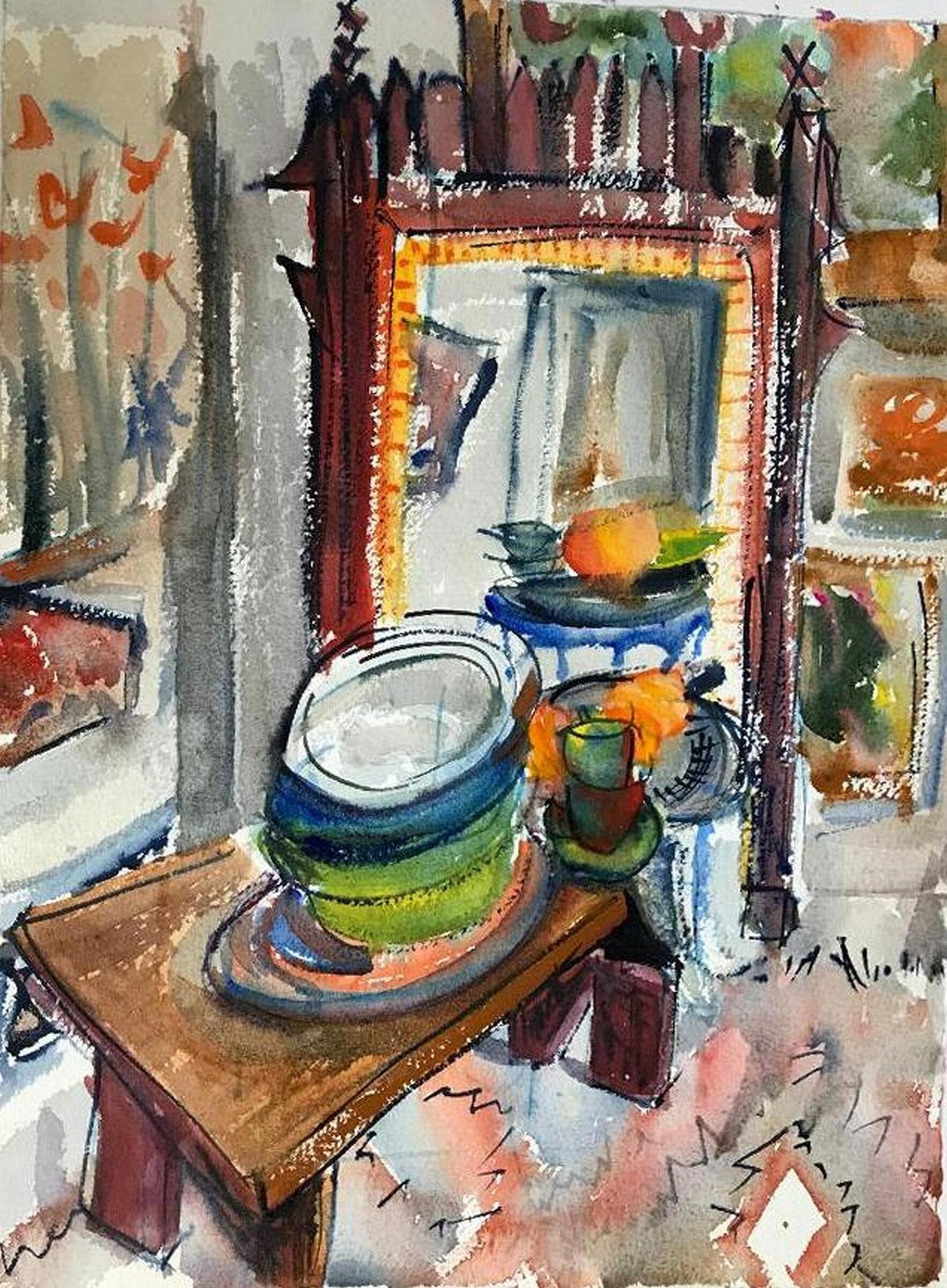 Grandmother's Mirror with Fiesta Ware in Studio