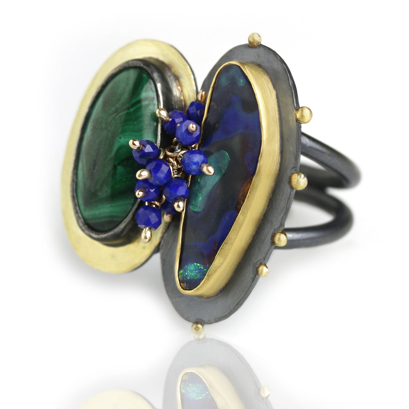Boulder Opal and Malachite Ring