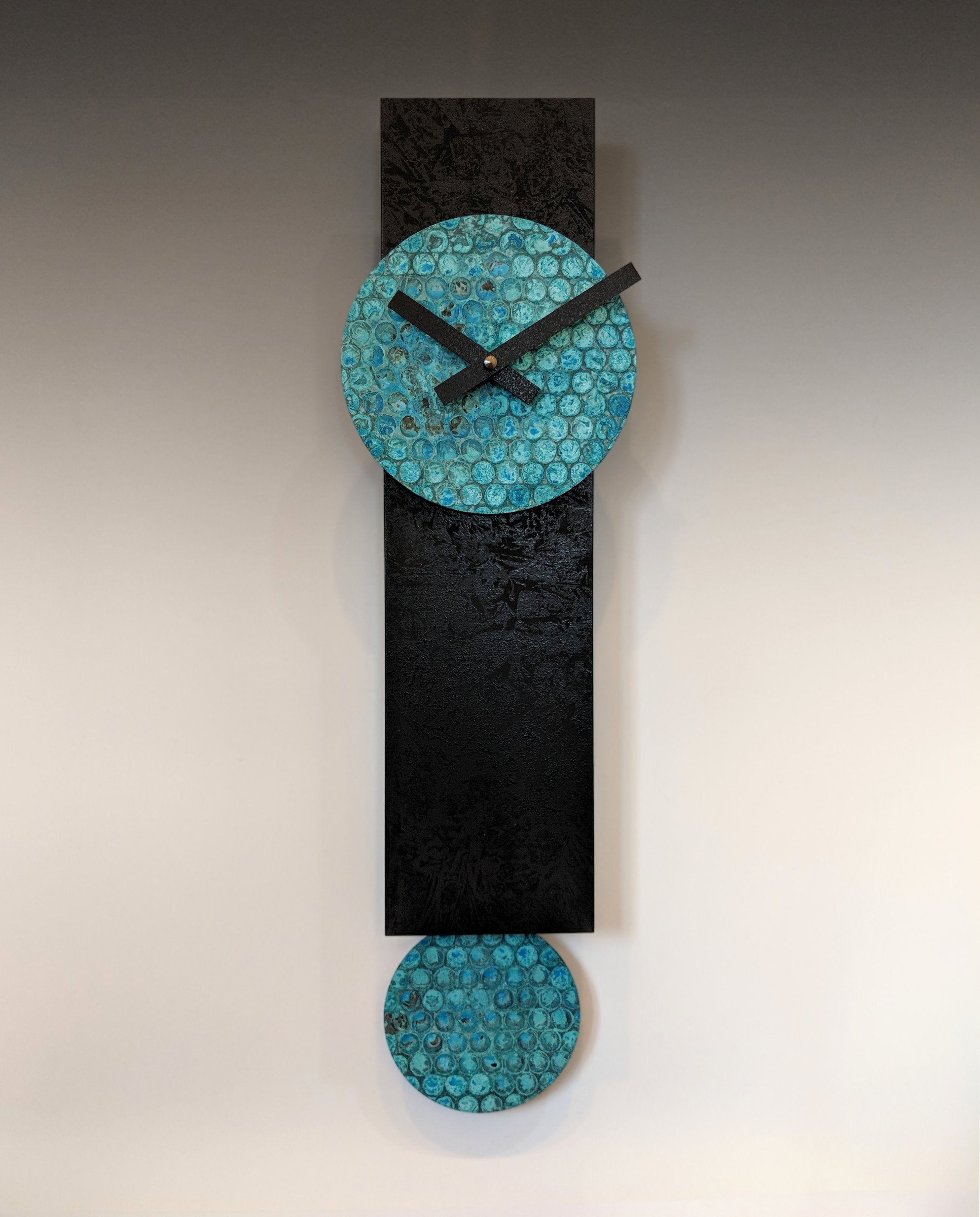 Narrow Black Pendulum Clock with Verdigris Copper