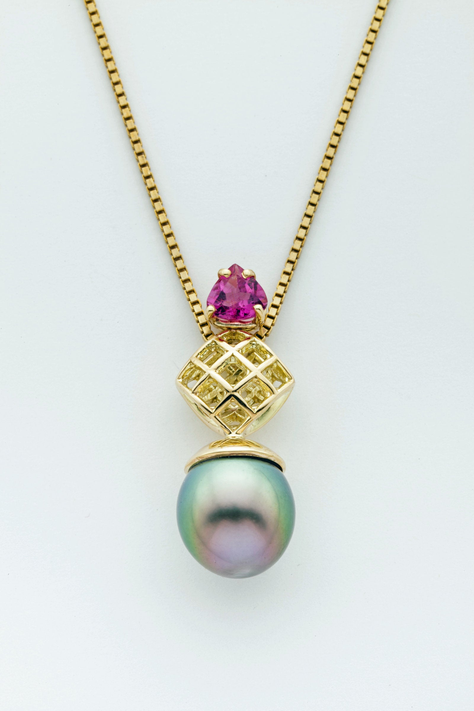 Mesh 14K Diamond Pendant with Tahitian Drop Pearl and Pink Tourmaline