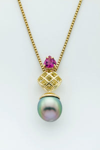 Mesh 14K Diamond Pendant with Tahitian Drop Pearl and Pink Tourmaline