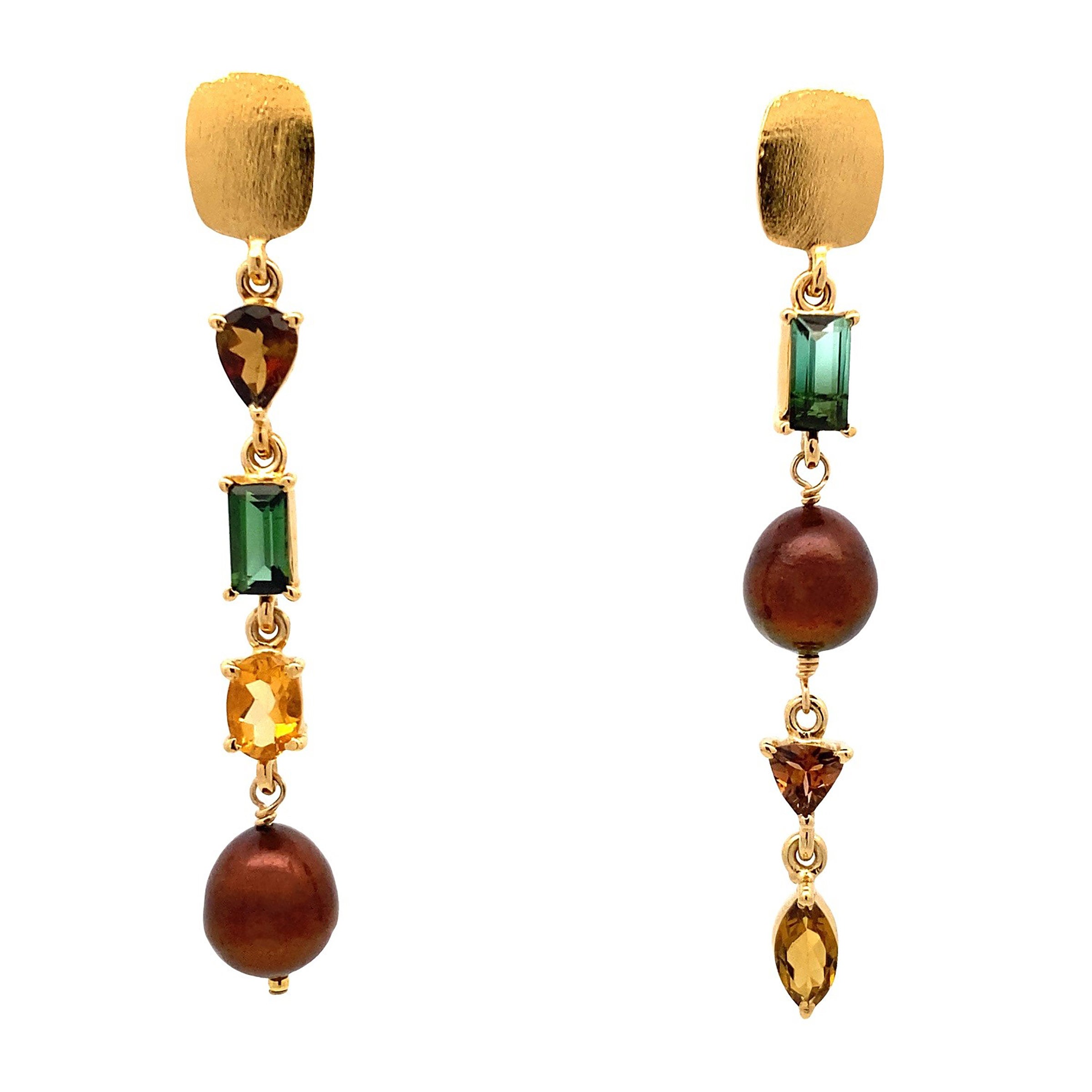 Asymmetrical Tourmaline & Bronze Pearl Earrings