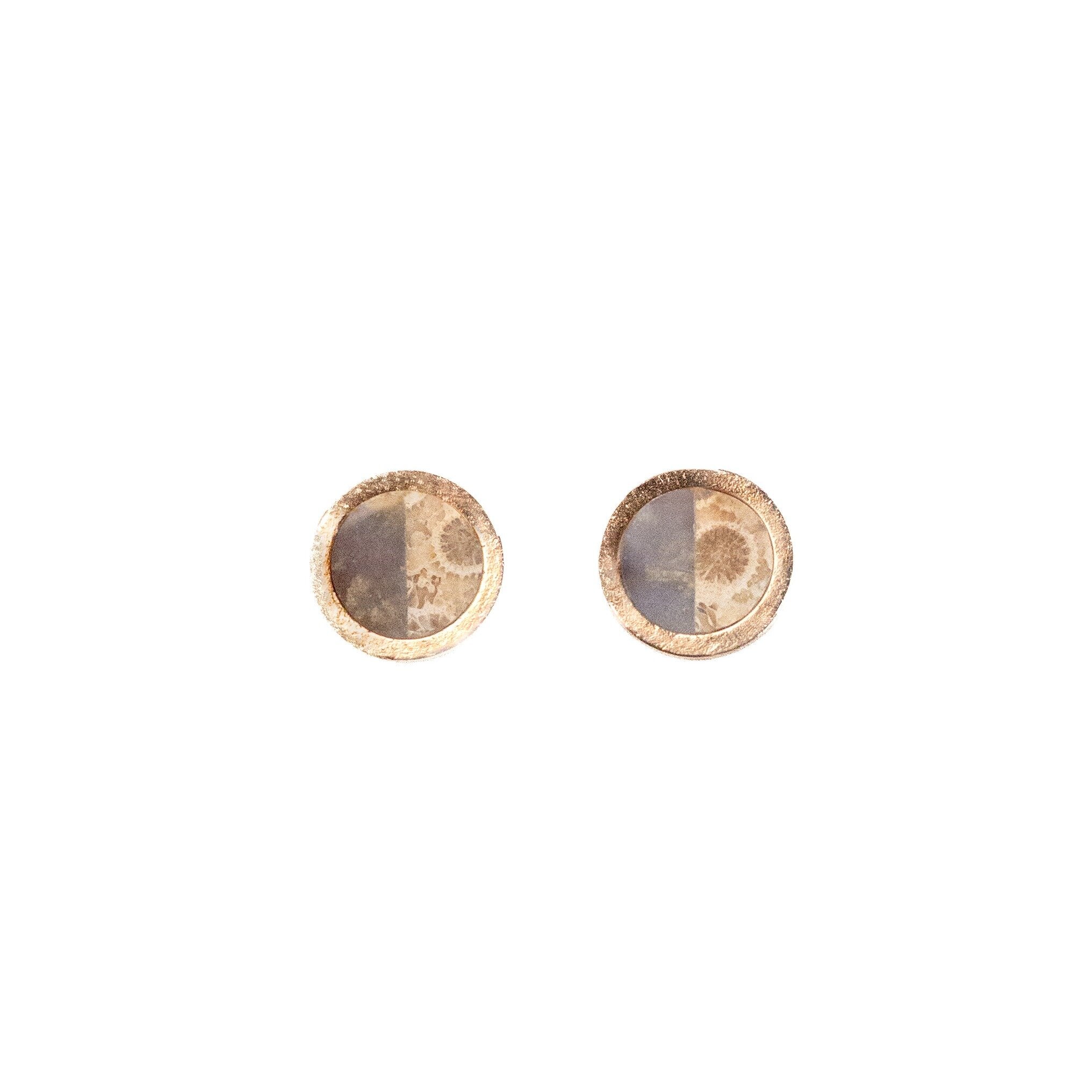 Blue Chalcedony and Fossilized Coral Gold Intarsia Stud Earrings