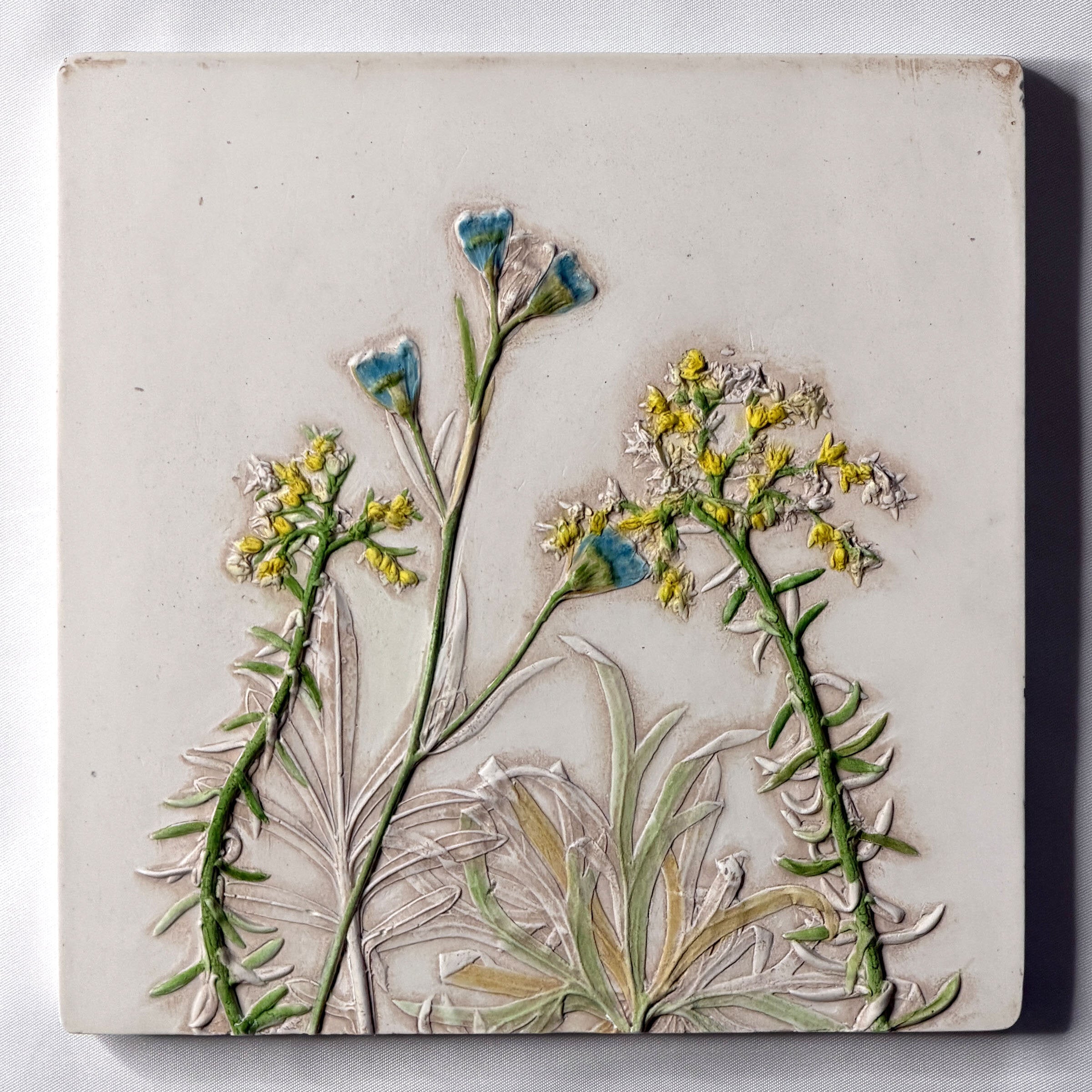 Yellow Sedum & Blue Delphinium Garden Flowers Tile