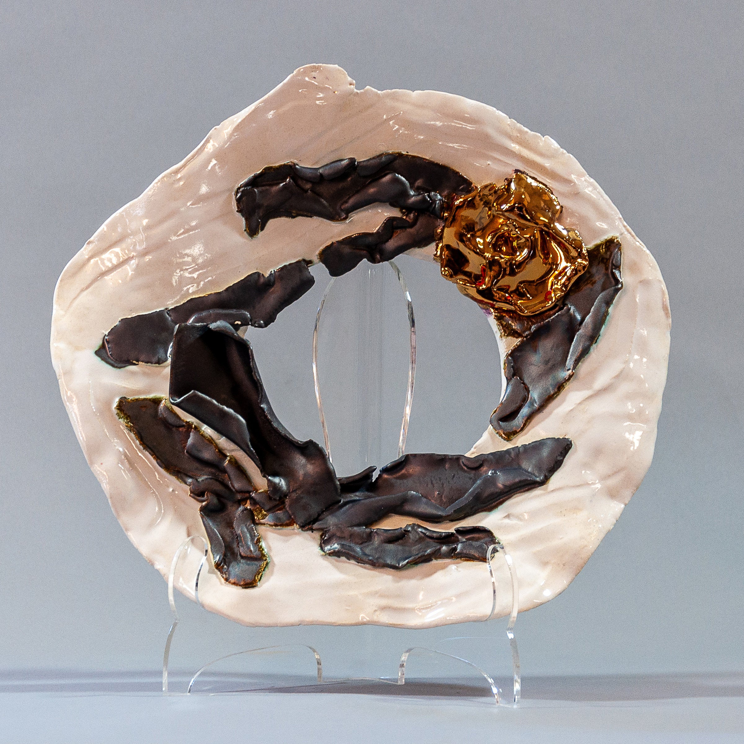 White Ceramic Platter with Gold Flower and Black Leaves