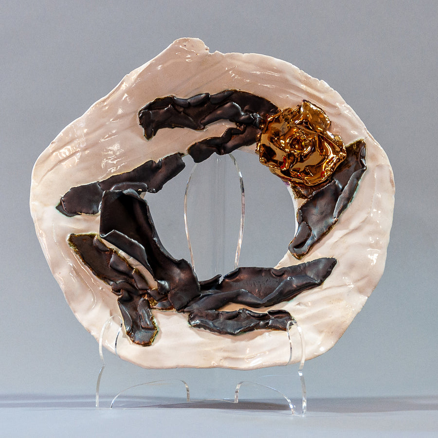 White Ceramic Platter with Gold Flower and Black Leaves