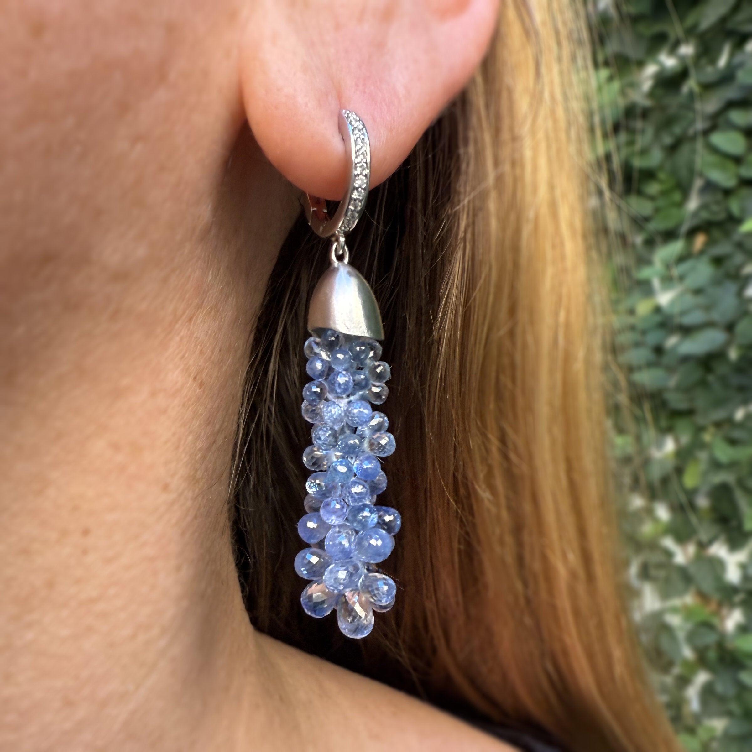 Ceylon Sapphire Briolette Cascade Earrings in Platinum with Diamonds