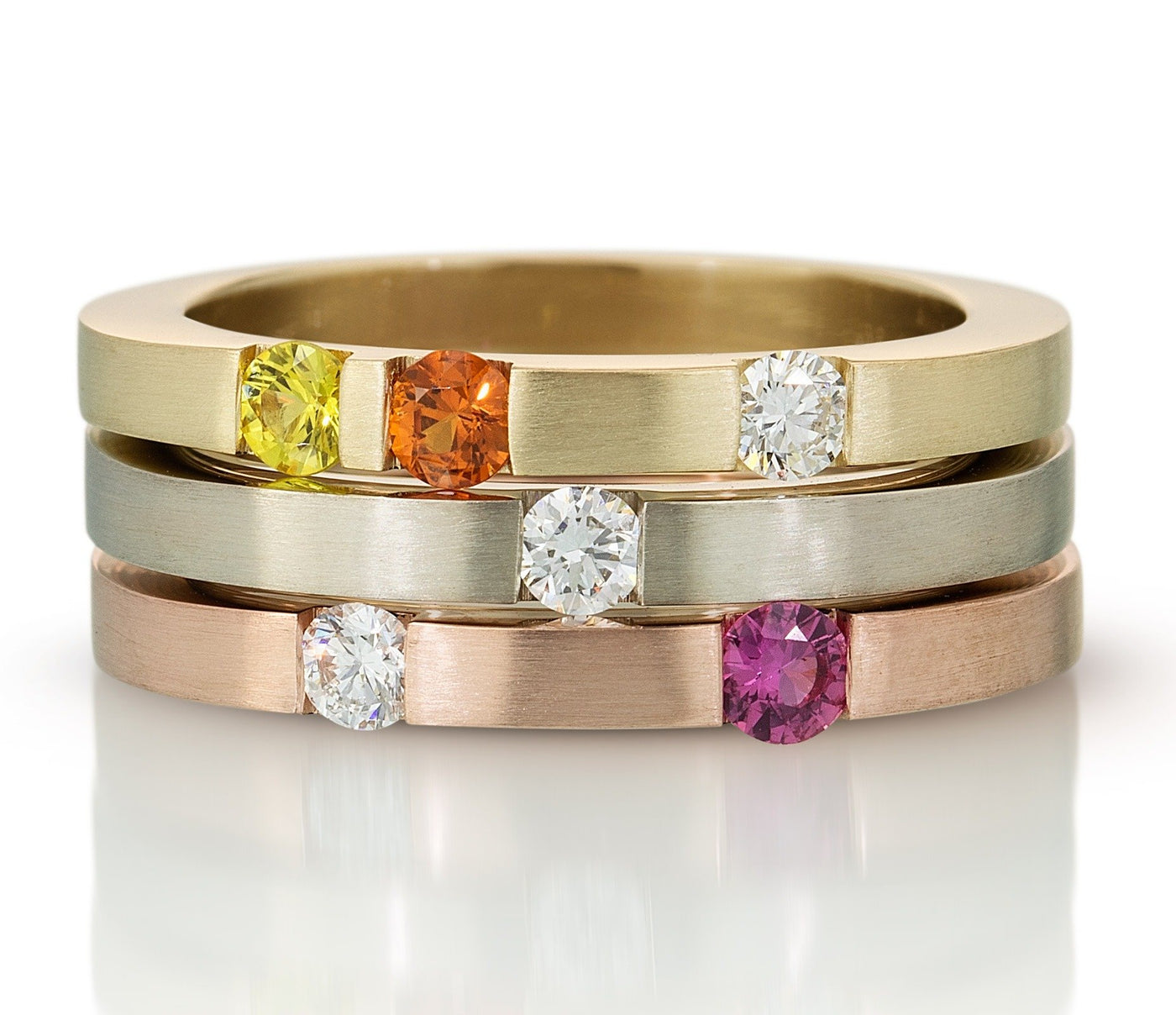 Top to bottom: yellow gold, white gold, rose gold