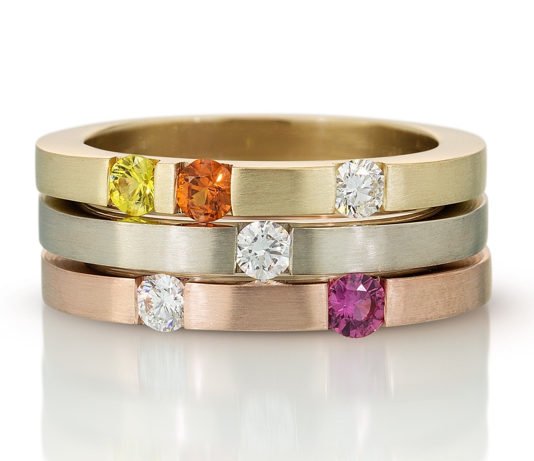 Top to bottom: yellow gold, white gold, rose gold