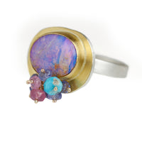 Lilac Crystal Boulder Opal Ring with Multi Cluster