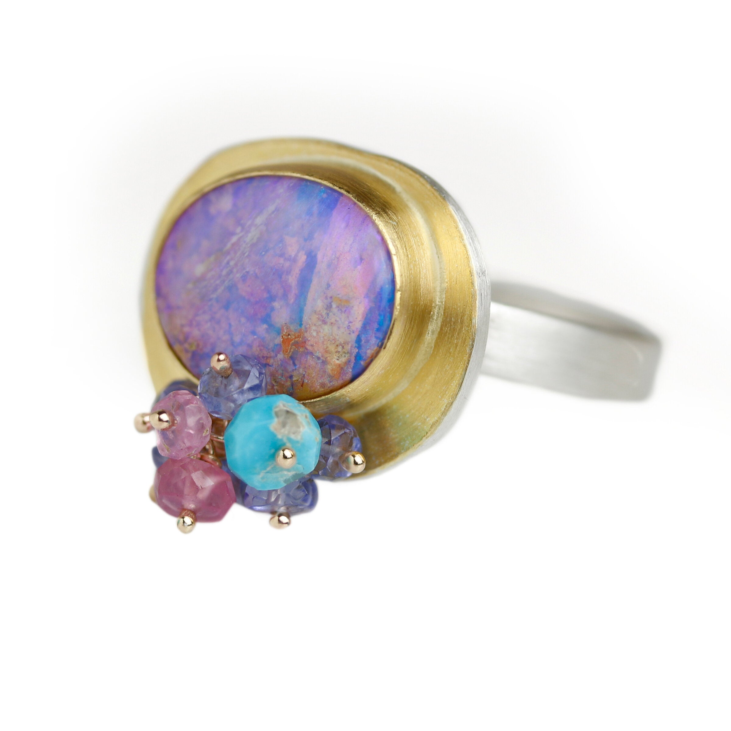Lilac Crystal Boulder Opal Ring with Multi Cluster