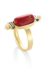Black Diamond and Coral Ring
