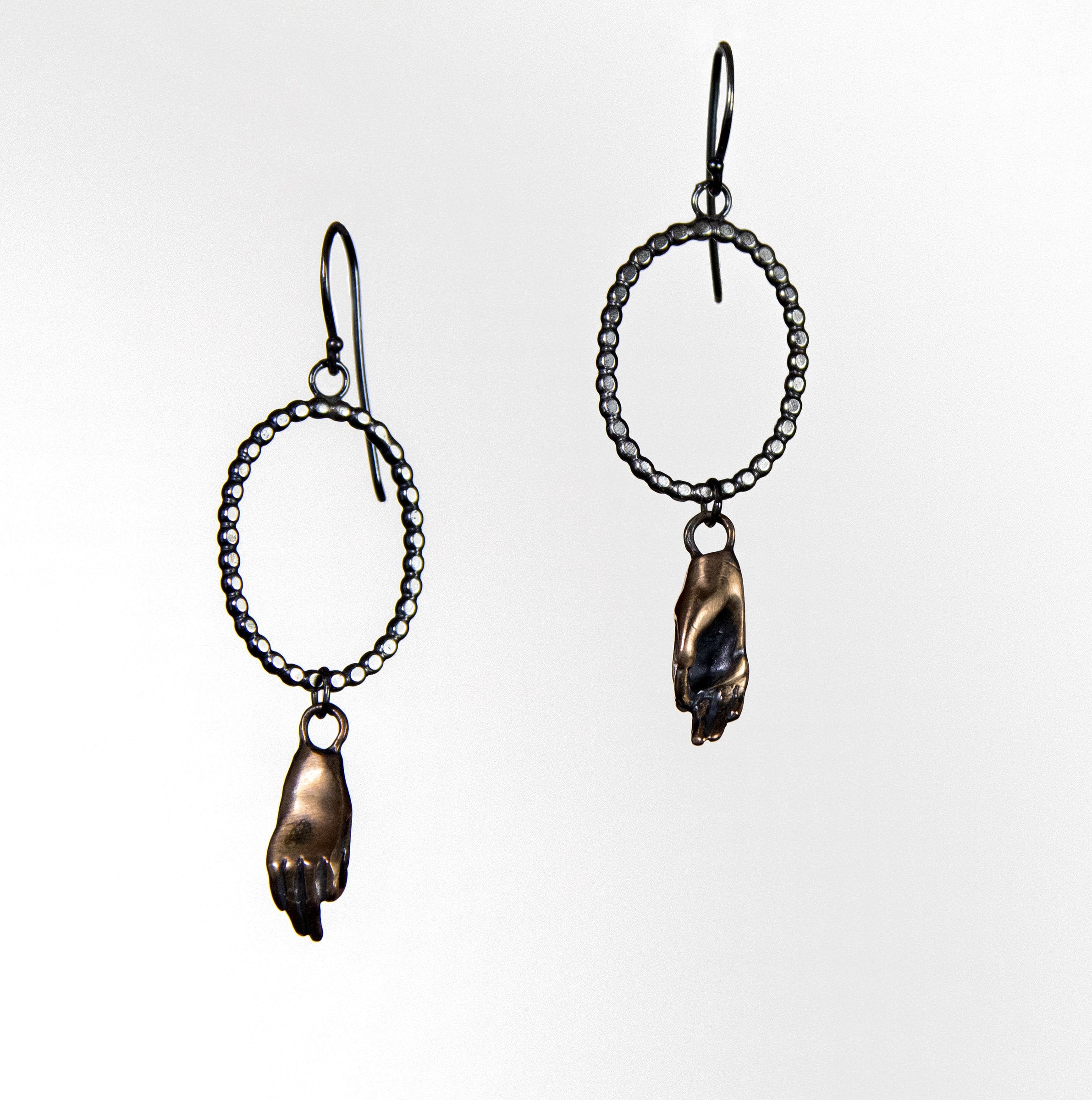 Bronze Hand & Silver Dots Earrings