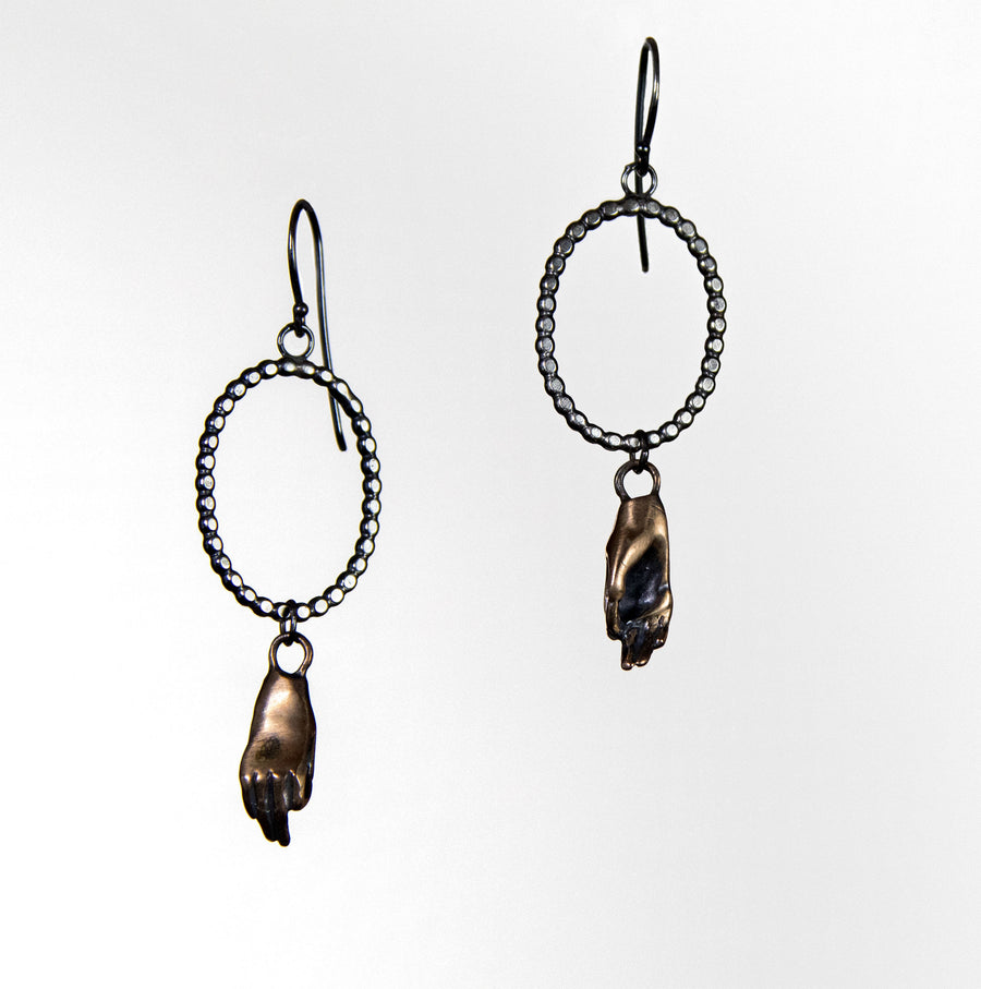 Bronze Hand & Silver Dots Earrings