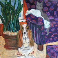 Dog, Gray Cat, Blue Sofa