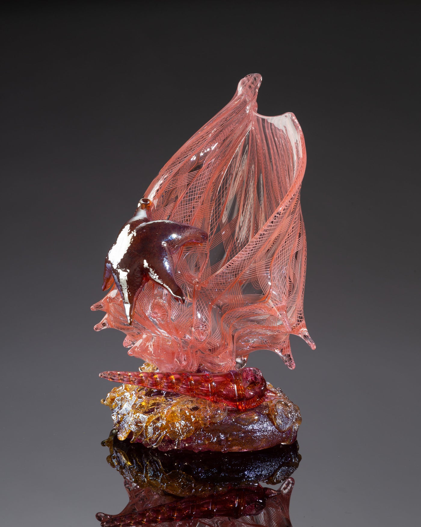 Apricot Latticino Shell Sculpture with Auger Shell and Sea Star