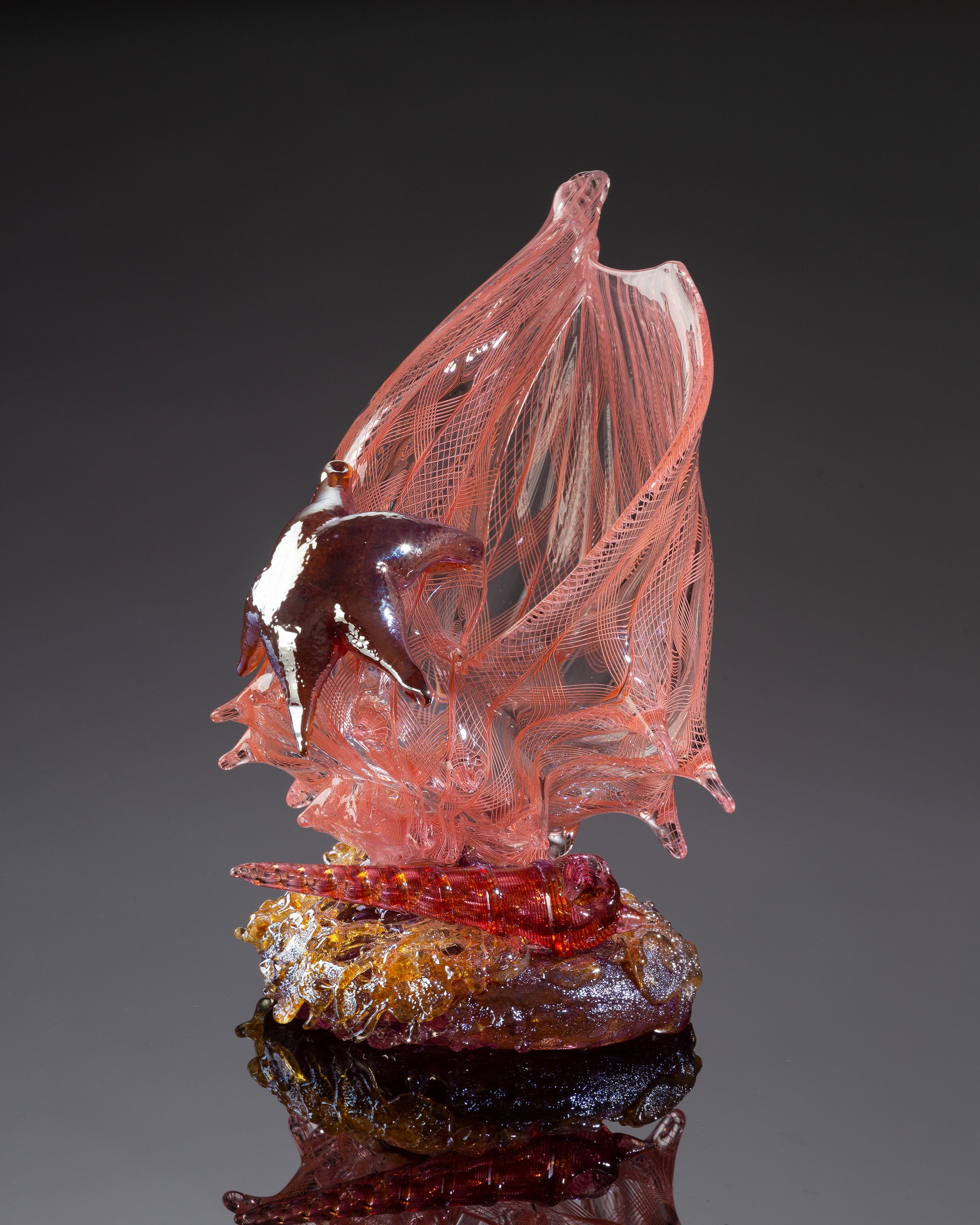 Apricot Latticino Shell Sculpture with Auger Shell and Sea Star