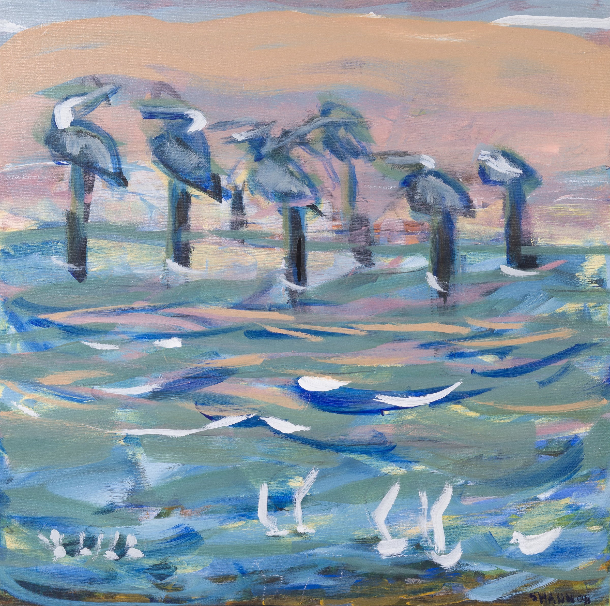 Pelicans on Posts, Peach Sky