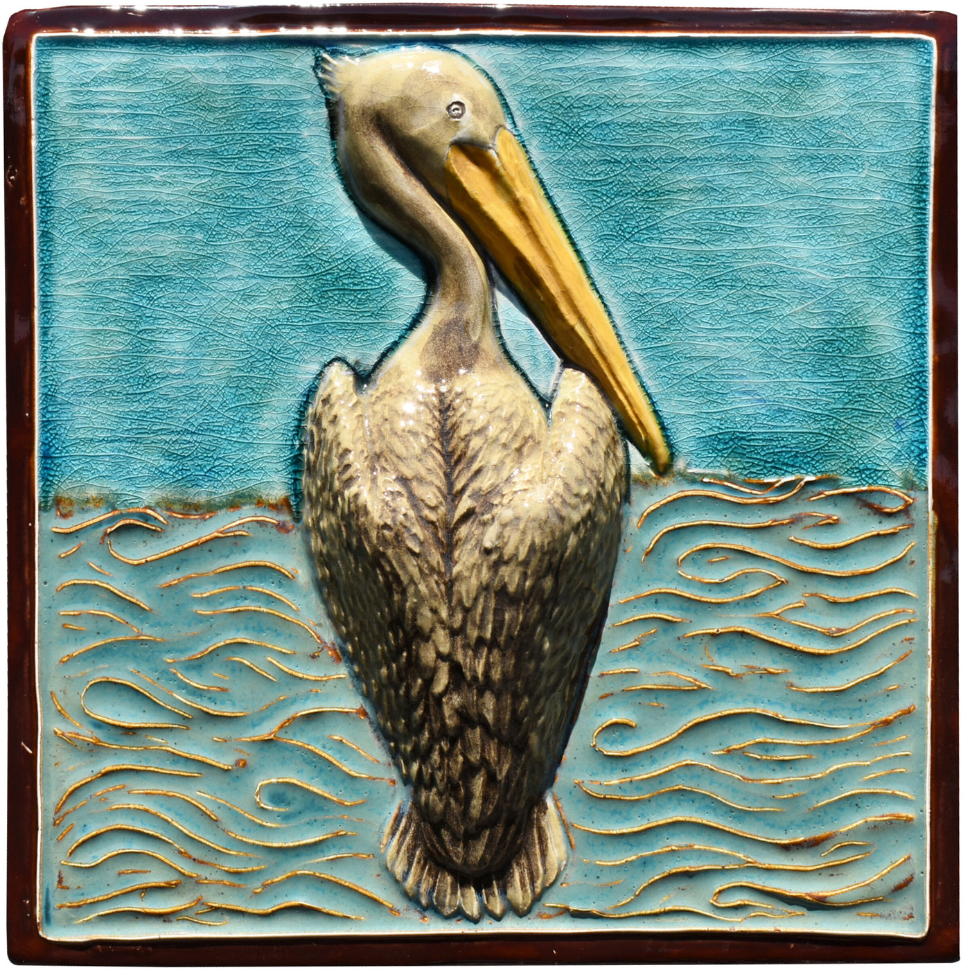 Pelican Sculptural Tile in Teal and Blue with Brown Border