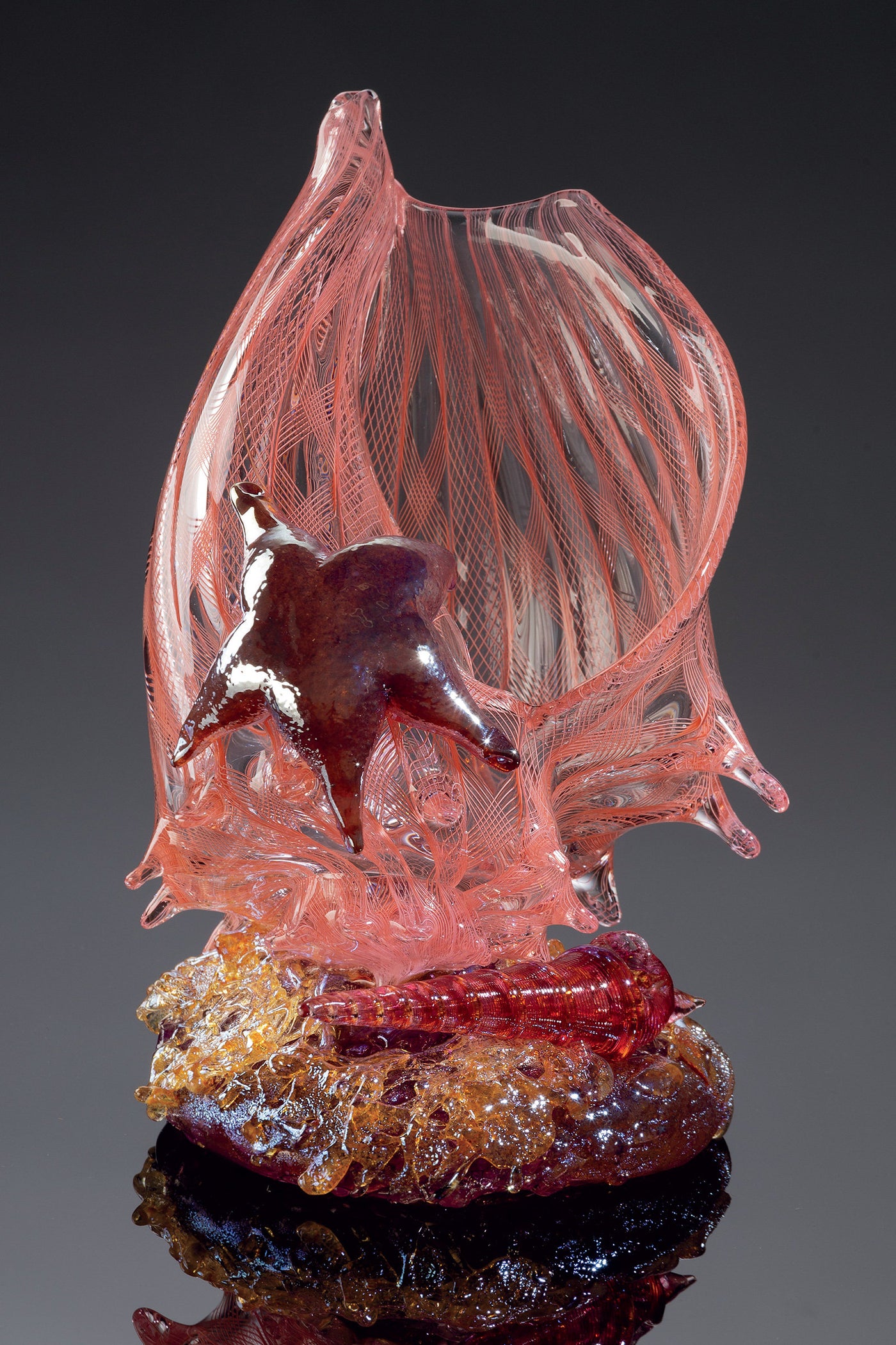 Apricot Latticino Shell Sculpture with Auger Shell and Sea Star