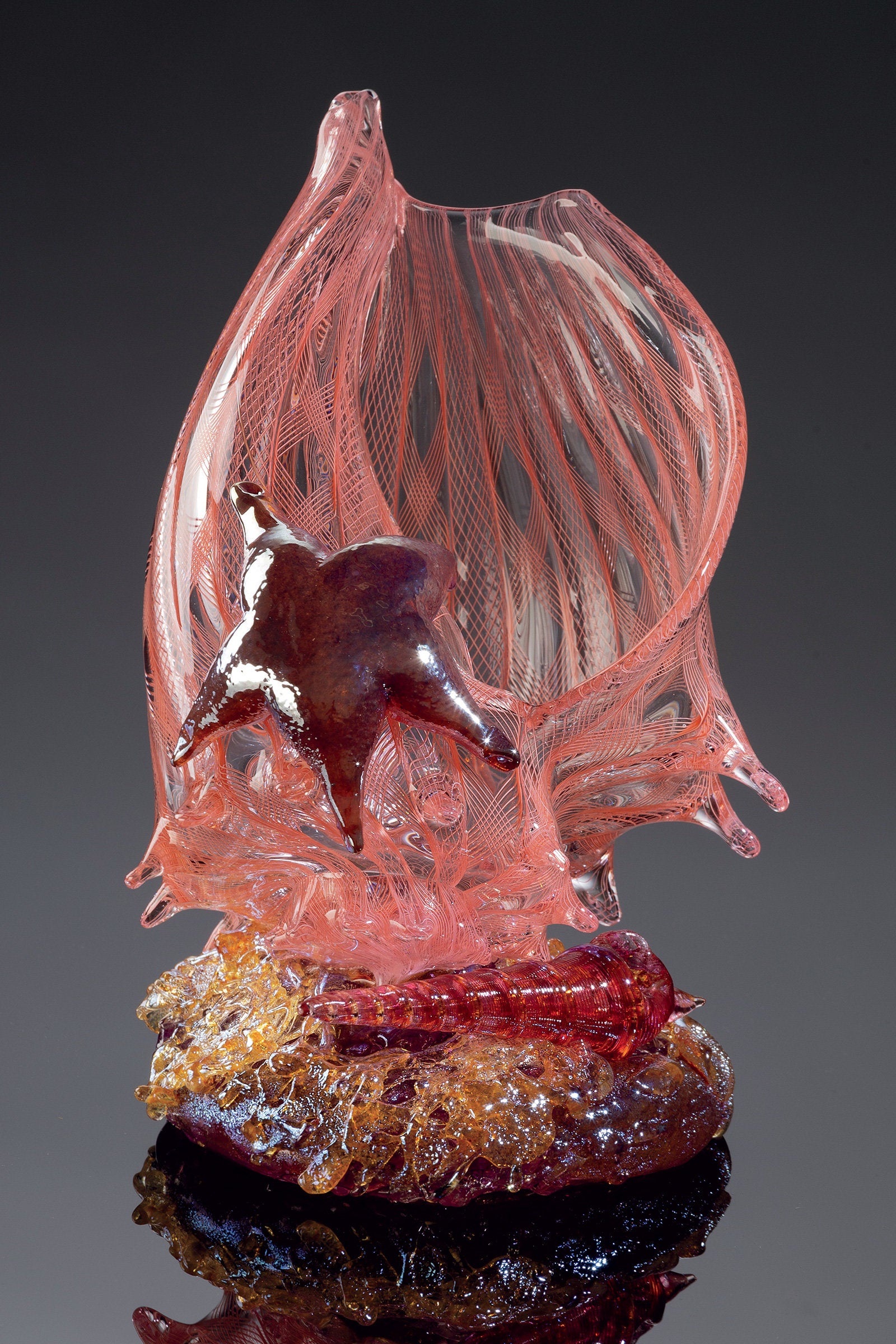 Apricot Latticino Shell Sculpture with Auger Shell and Sea Star