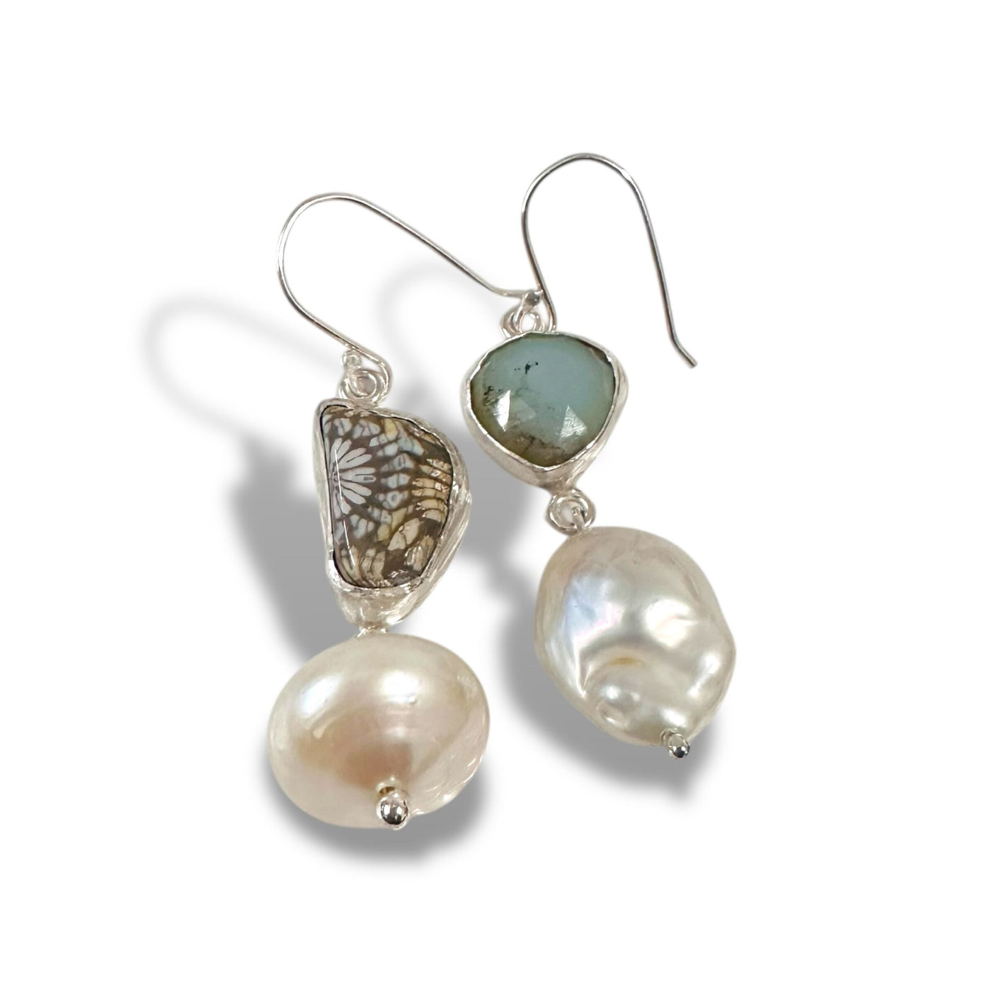 Asymmetrical Fossil and Pearl Earrings