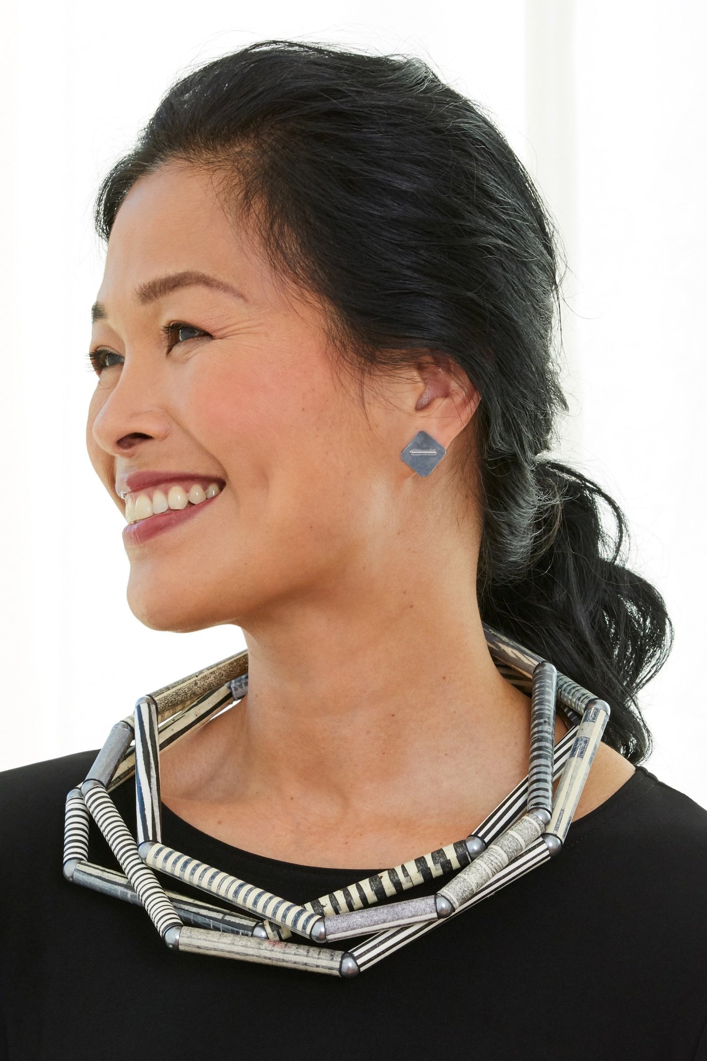 earring worn as stud shown with Black & White Straw Necklace by Steve Ford and David Forlano