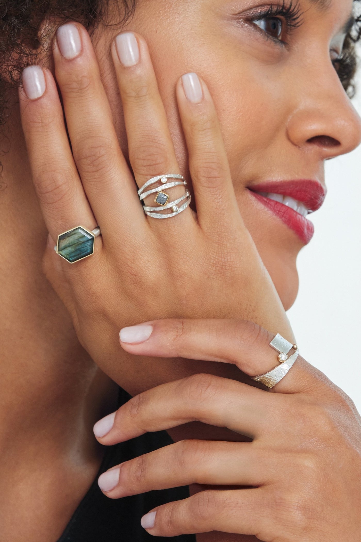 shown with Faceted Tablet Ring by Heather Guidero & Alaria Ring by Jenny Reeves